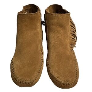 Minnetonka Lacy Fringe Suede Moccasin Boots Brown US Size 7.5